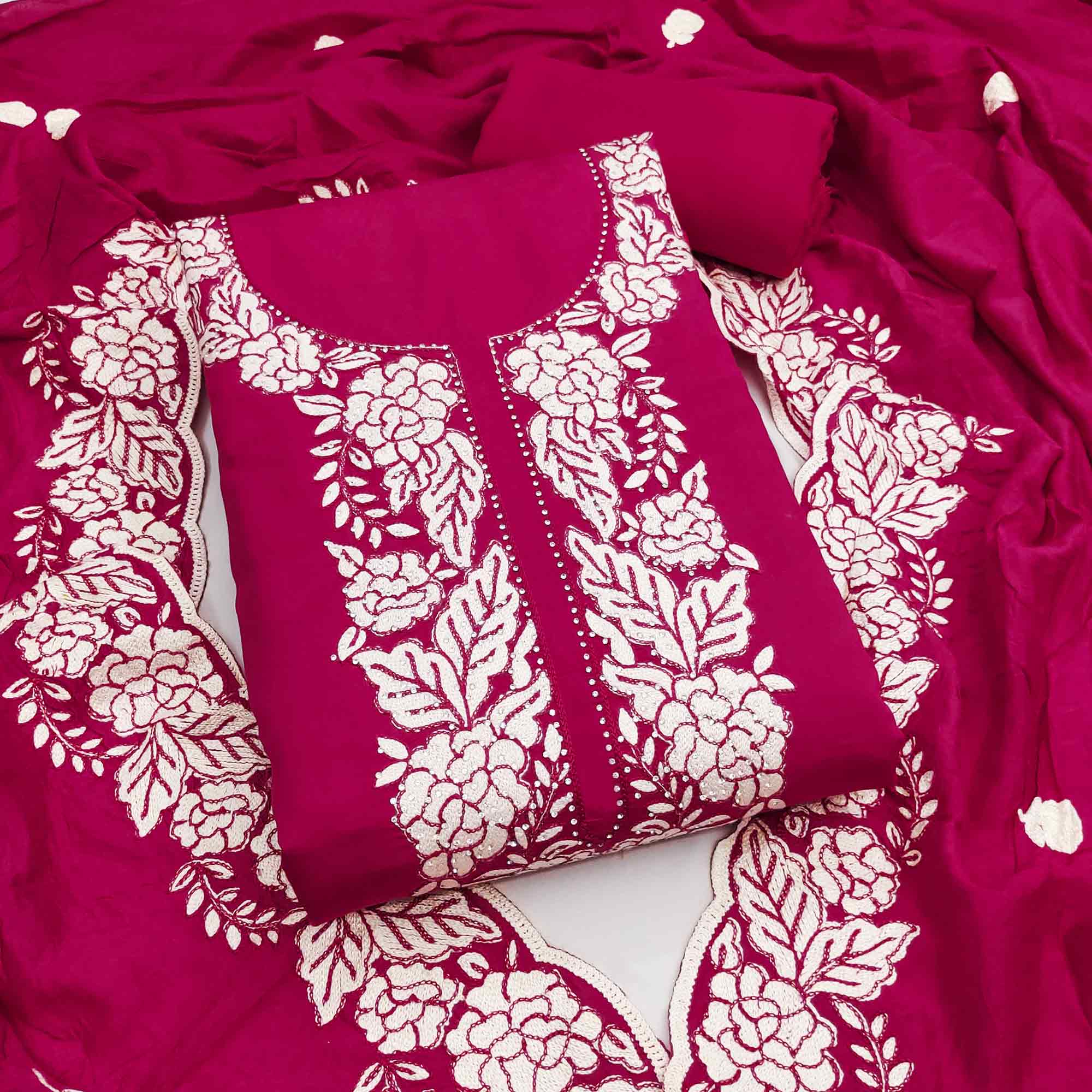 Pink Rich Viscose Dress Material Highlighted with Refined Floral Thread Embroidery