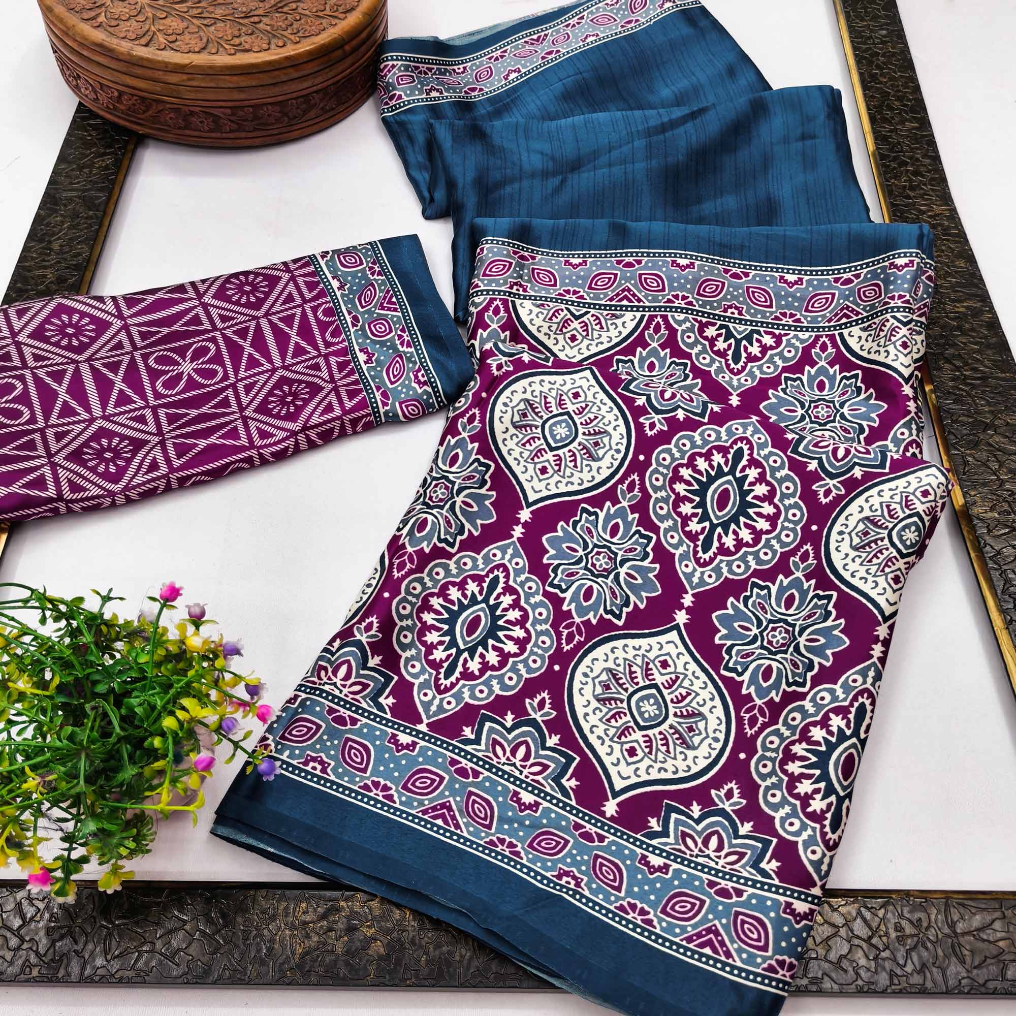 Blue Premium Crepe Silk Lightweight Saree Adorned with Classic Ajrakh Patterns