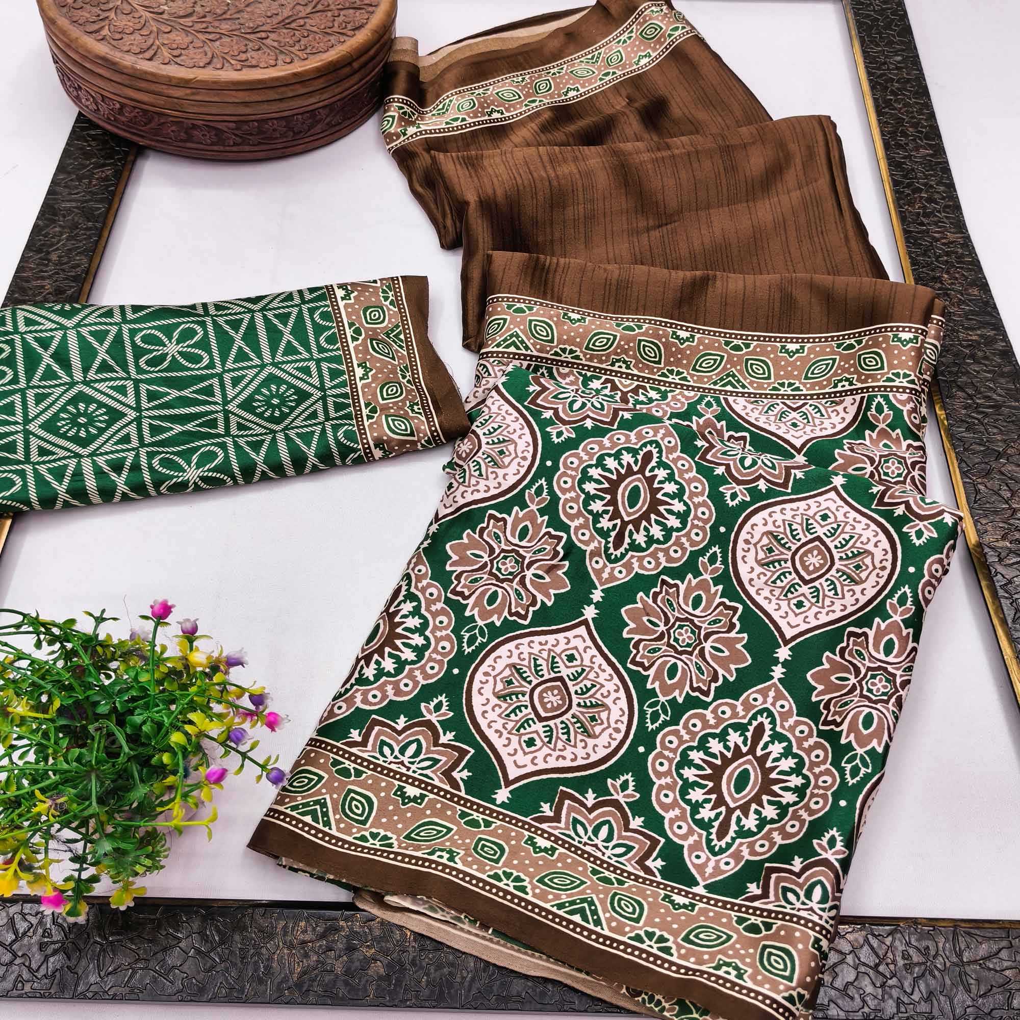Brown Premium Crepe Silk Lightweight Saree Adorned with Classic Ajrakh Patterns