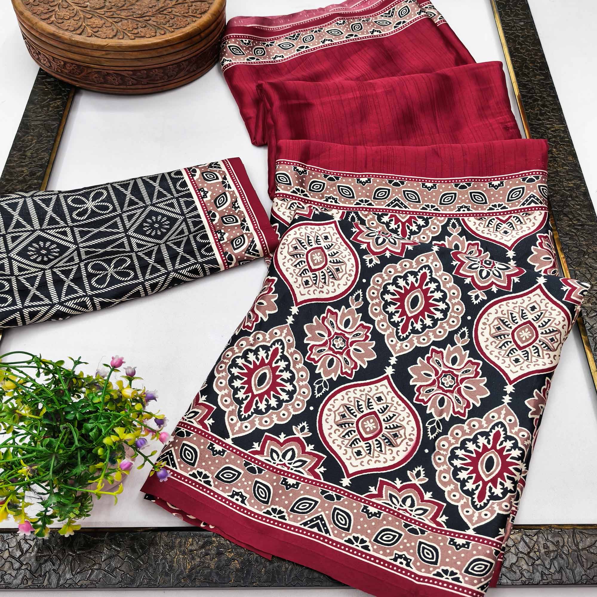 Maroon Premium Crepe Silk Lightweight Saree Adorned with Classic Ajrakh Patterns