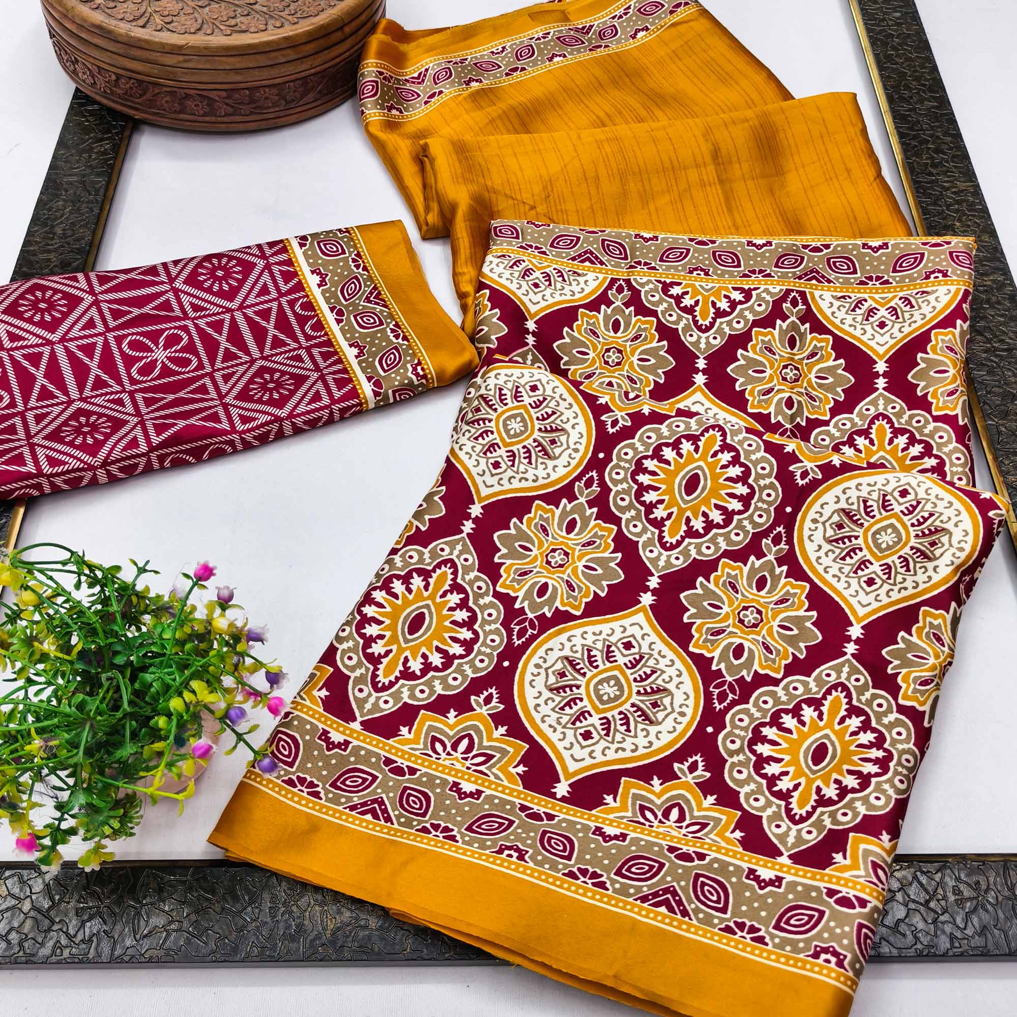 Mustard Premium Crepe Silk Lightweight Saree Adorned with Classic Ajrakh Patterns