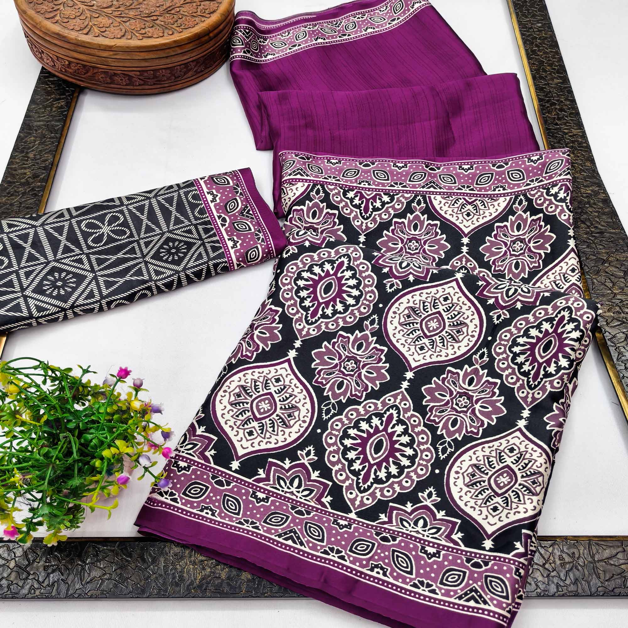 Purple Premium Crepe Silk Lightweight Saree Adorned with Classic Ajrakh Patterns