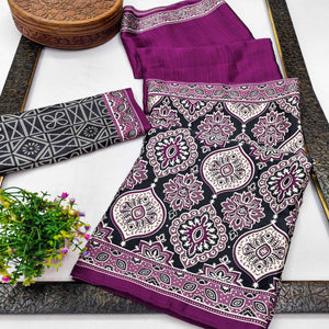 Purple Premium Crepe Silk Lightweight Saree Adorned with Classic Ajrakh Patterns
