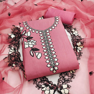 Graceful Gajari Pink Floral Viscose Dress Material Enhanced With Intricate Thread Embroidery Work