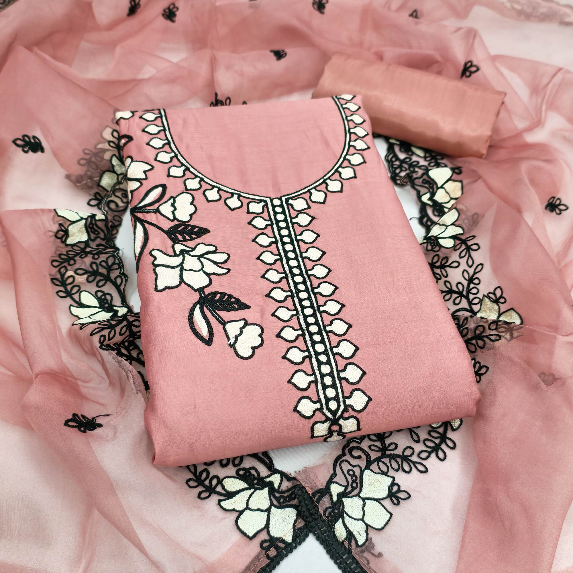 Graceful Peach Floral Viscose Dress Material Enhanced With Intricate Thread Embroidery Work