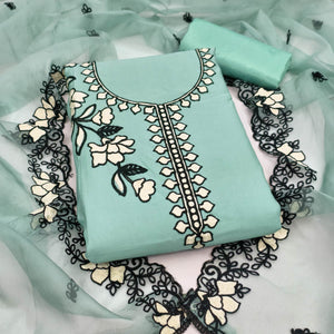 Graceful Turquoise Floral Viscose Dress Material Enhanced With Intricate Thread Embroidery Work