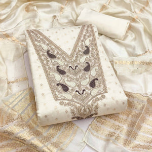 Cream Weaving Chanderi Silk Dress Material Adorned With Cording Embroidery & Sequins Work