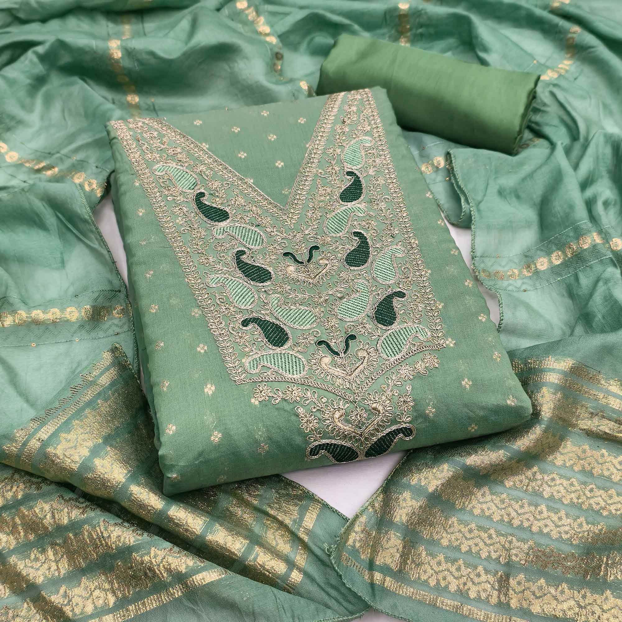Green Weaving Chanderi Silk Dress Material Adorned With Cording Embroidery & Sequins Work