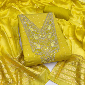 Lemon Yellow Weaving Chanderi Silk Dress Material Adorned With Cording Embroidery & Sequins Work