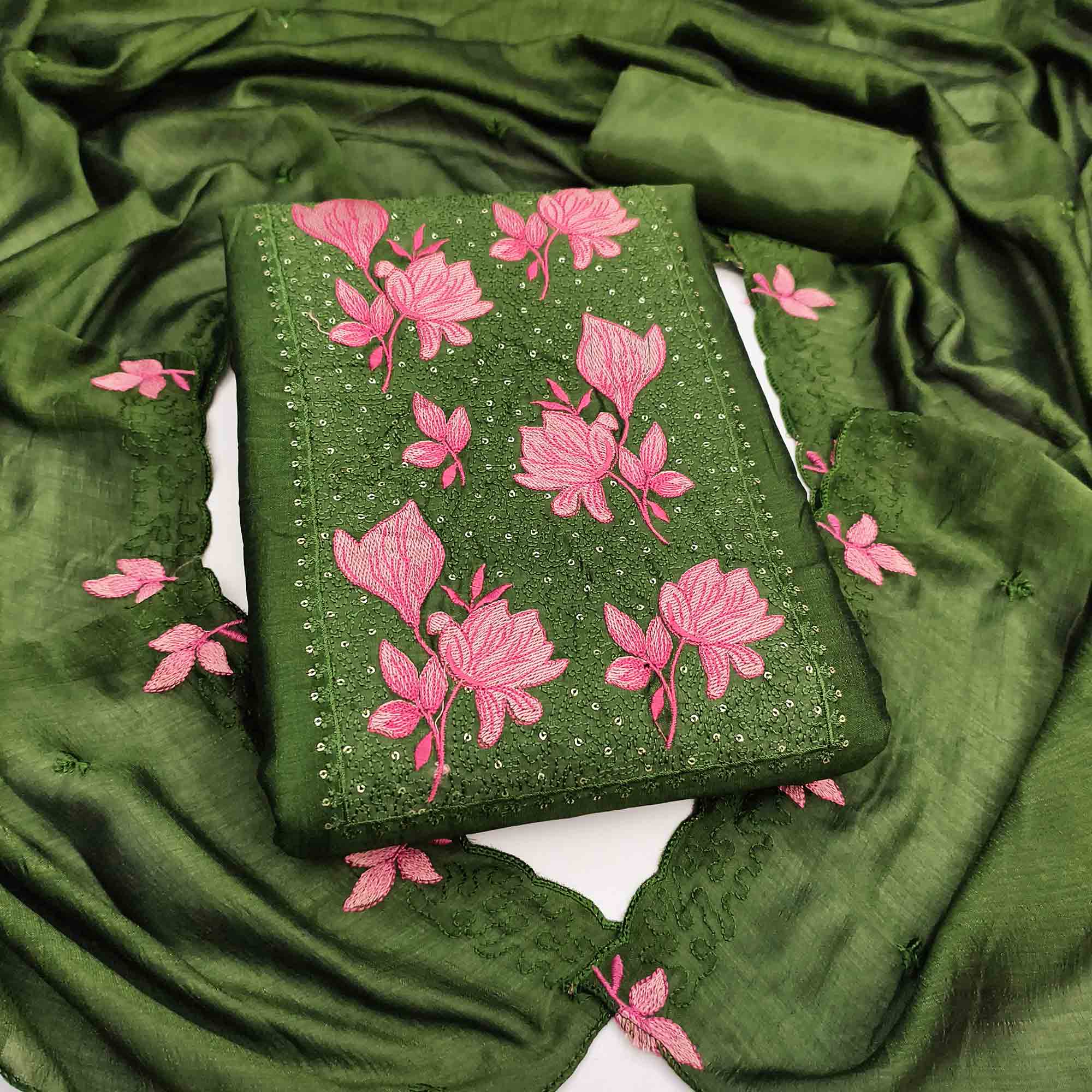 Green Floral Embroidered Vichitra Silk Dress Material for Elegant Ethnic Styling