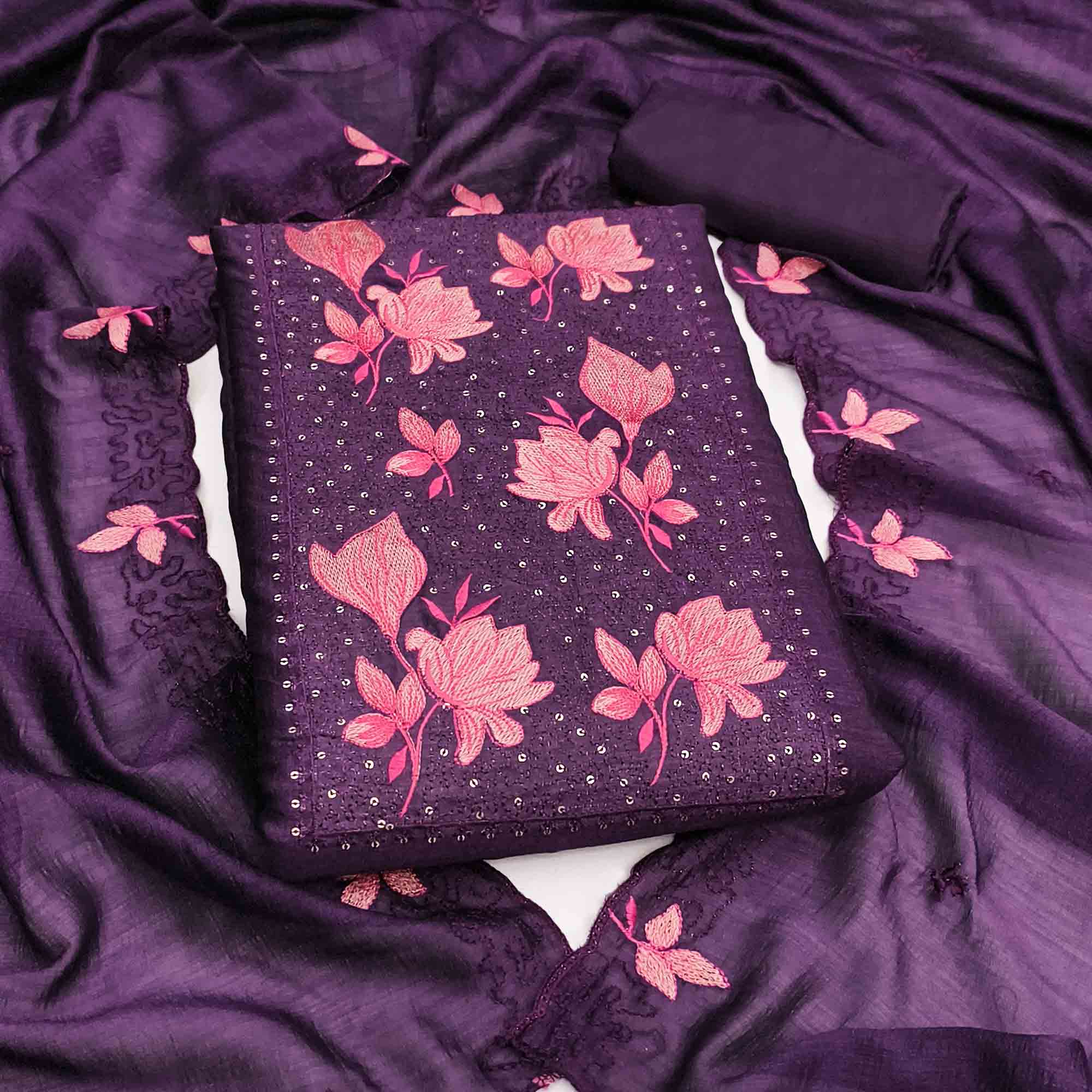 Purple Floral Embroidered Vichitra Silk Dress Material for Elegant Ethnic Styling