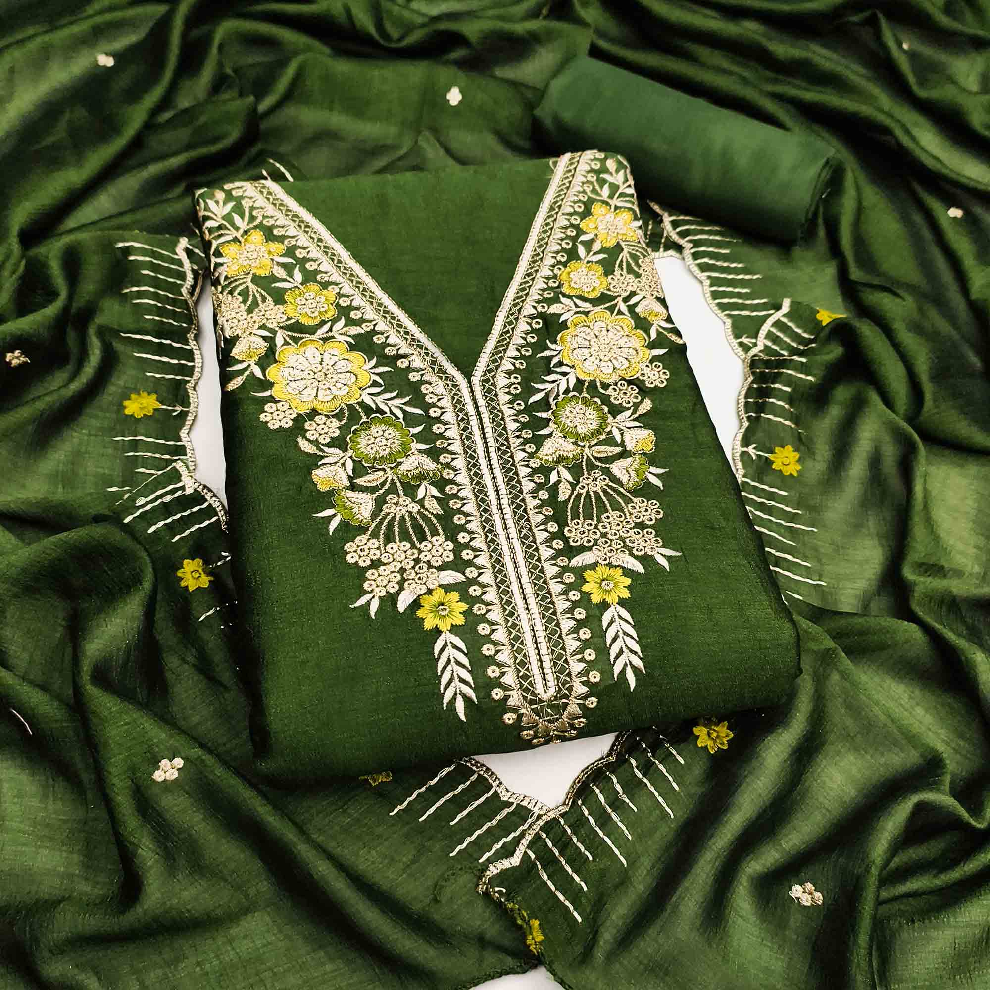 Green Premium Vichitra Silk Dress Material Featuring Delicate Floral Embroidered Detailing