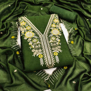 Green Premium Vichitra Silk Dress Material Featuring Delicate Floral Embroidered Detailing