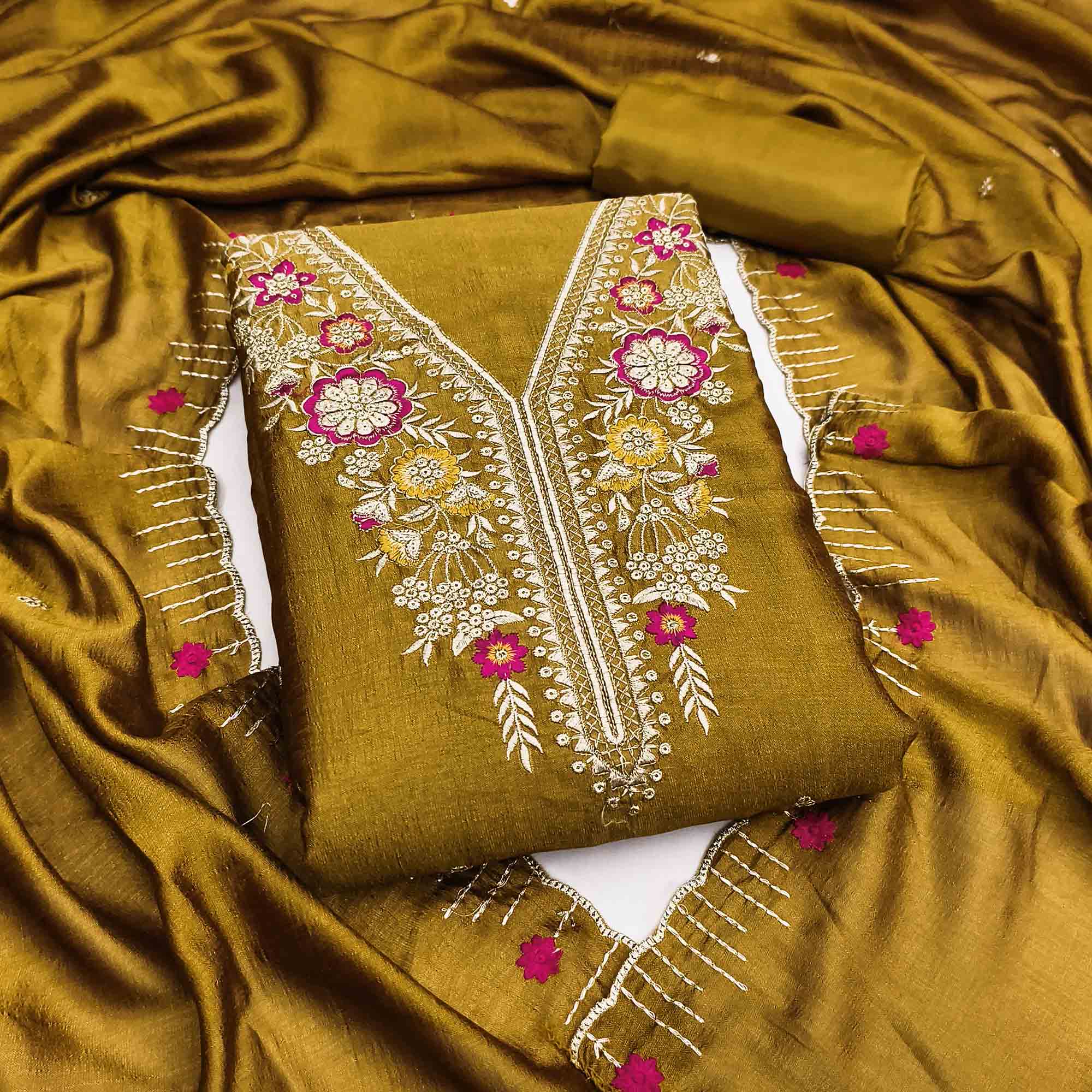 Mustard Premium Vichitra Silk Dress Material Featuring Delicate Floral Embroidered Detailing