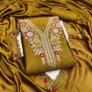 Mustard Premium Vichitra Silk Dress Material Featuring Delicate Floral Embroidered Detailing