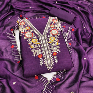 Purple Premium Vichitra Silk Dress Material Featuring Delicate Floral Embroidered Detailing