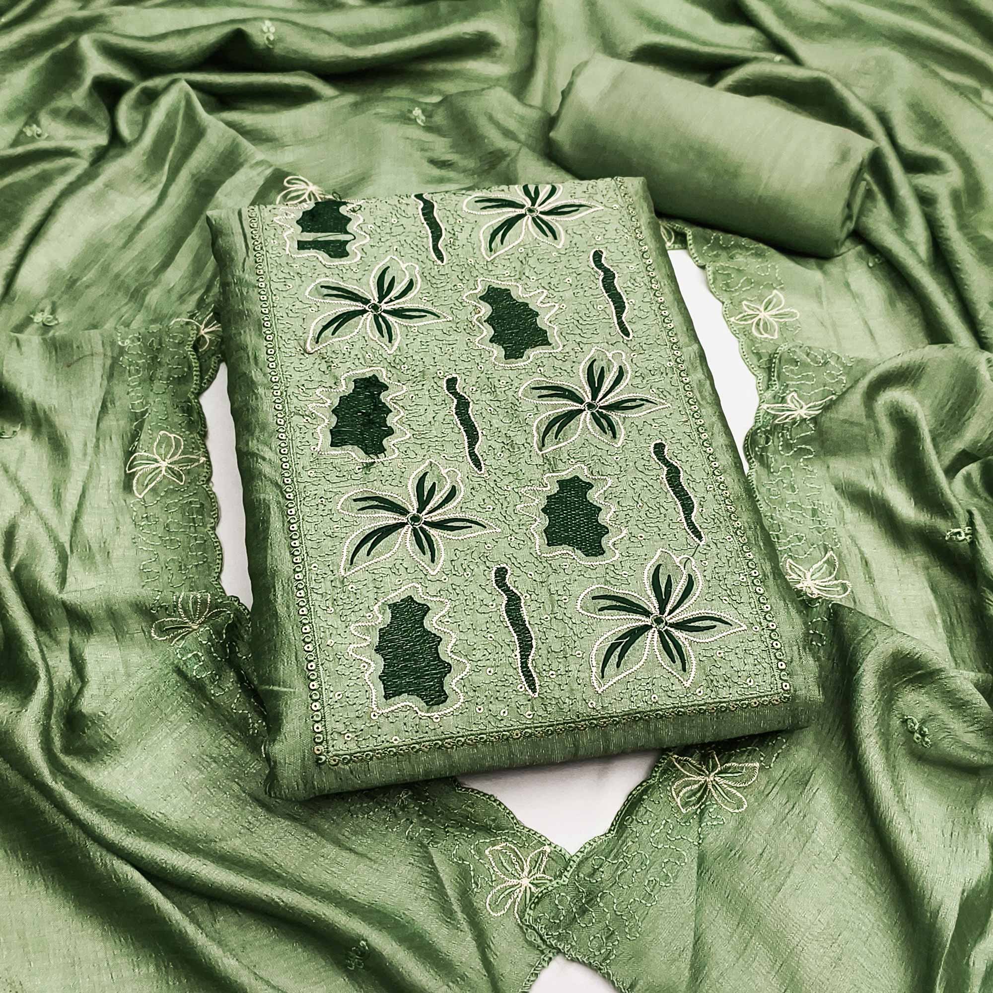 Green Floral Embroidery Enhanced Vichitra Silk Fabric Set for Stylish Traditional Outfits