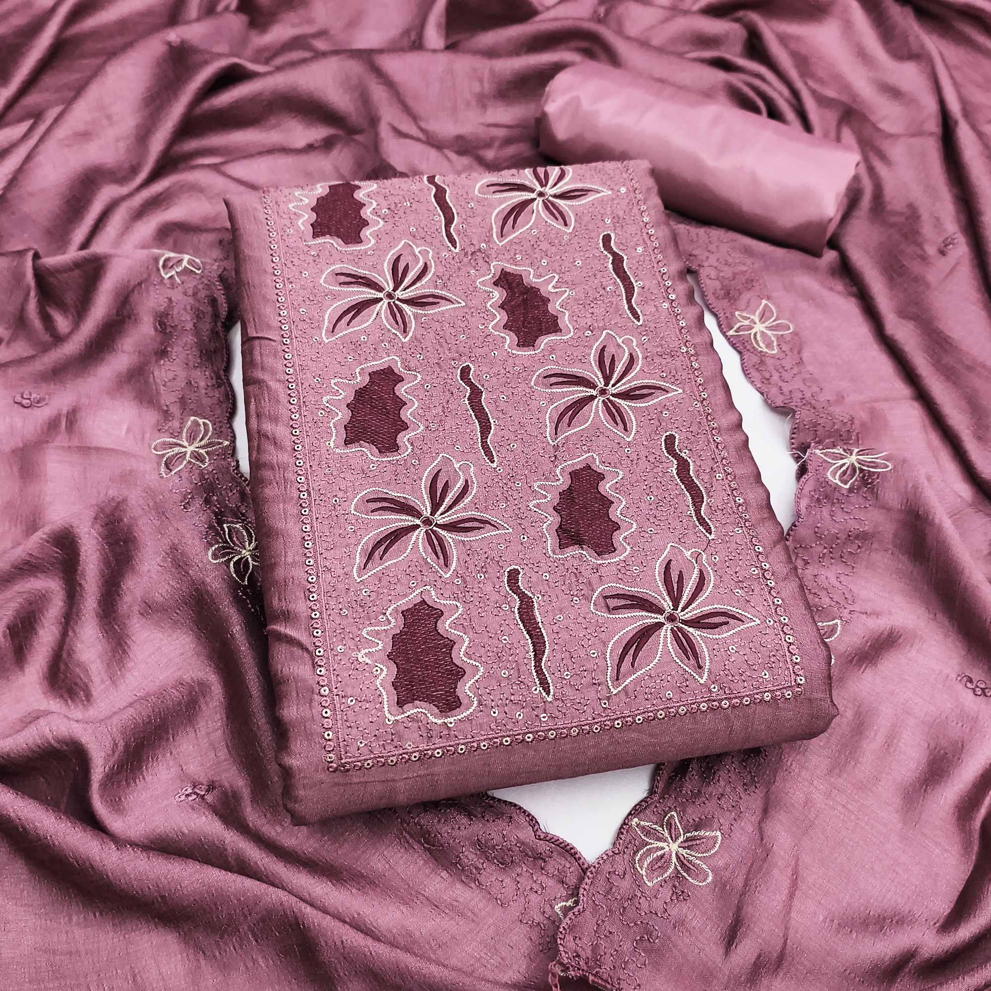 Mauve Floral Embroidery Enhanced Vichitra Silk Fabric Set for Stylish Traditional Outfits