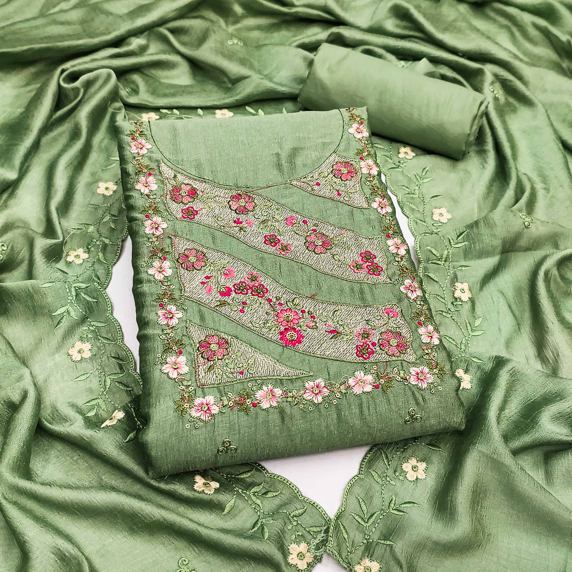 Green Embellished Vichitra Silk Dress Material with Graceful Floral Embroidery Work