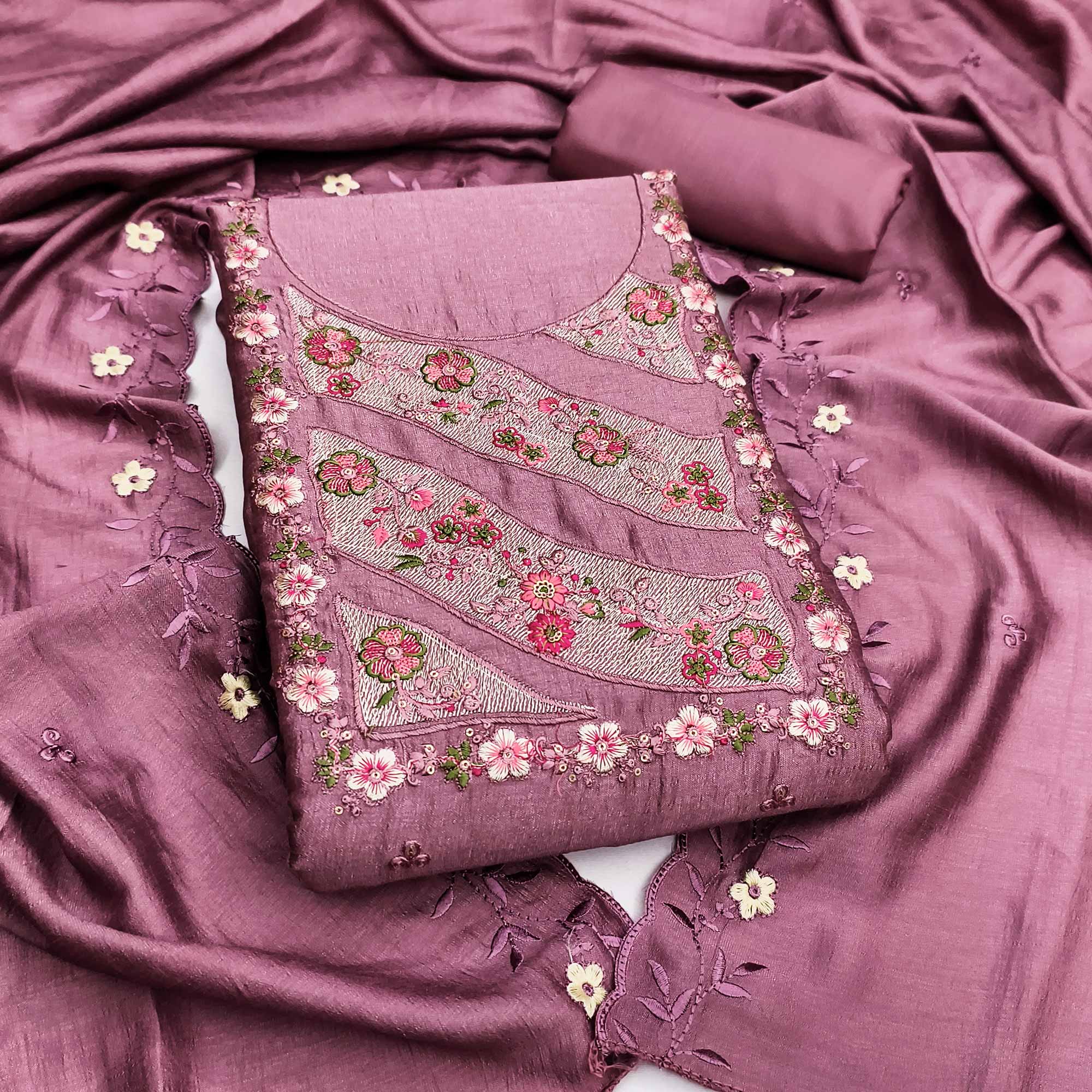 Mauve Embellished Vichitra Silk Dress Material with Graceful Floral Embroidery Work