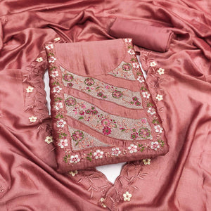 Peach Embellished Vichitra Silk Dress Material with Graceful Floral Embroidery Work