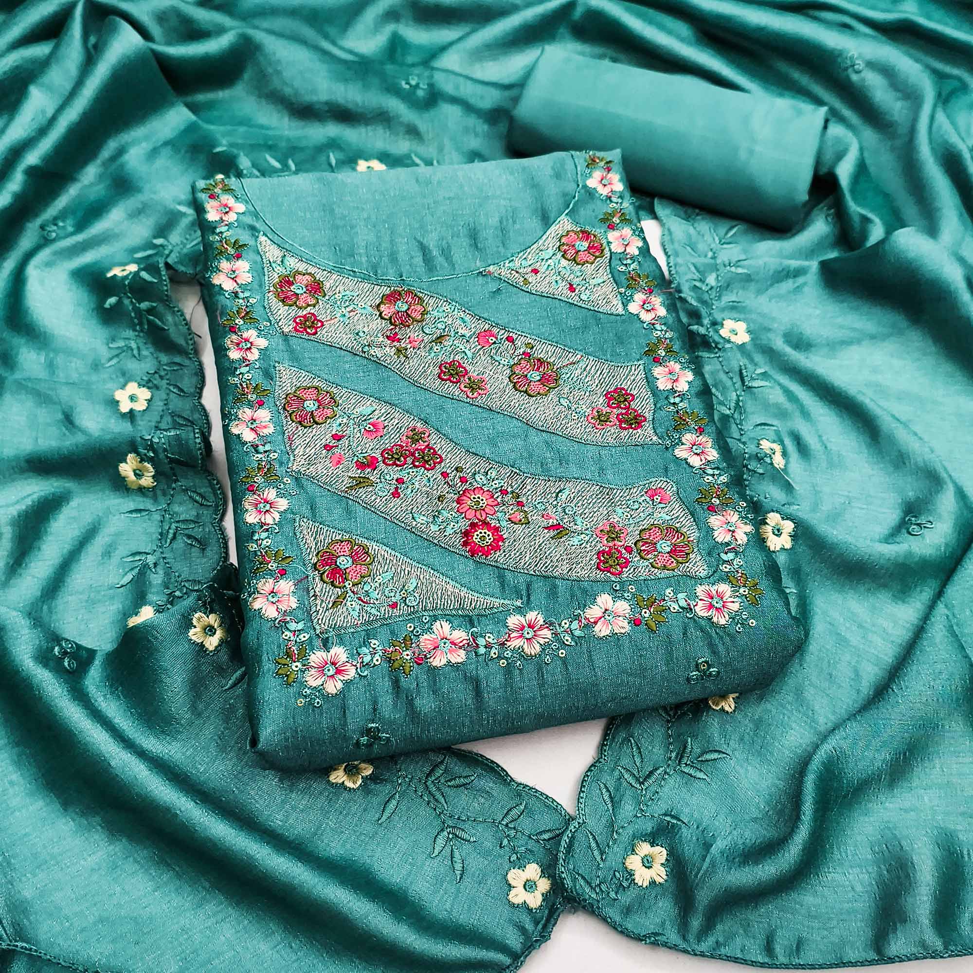 Teal Green Embellished Vichitra Silk Dress Material with Graceful Floral Embroidery Work