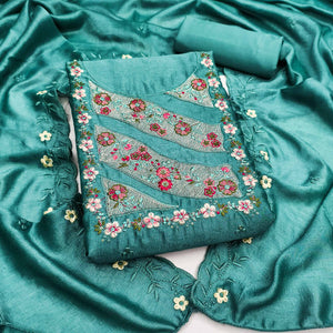Teal Green Embellished Vichitra Silk Dress Material with Graceful Floral Embroidery Work