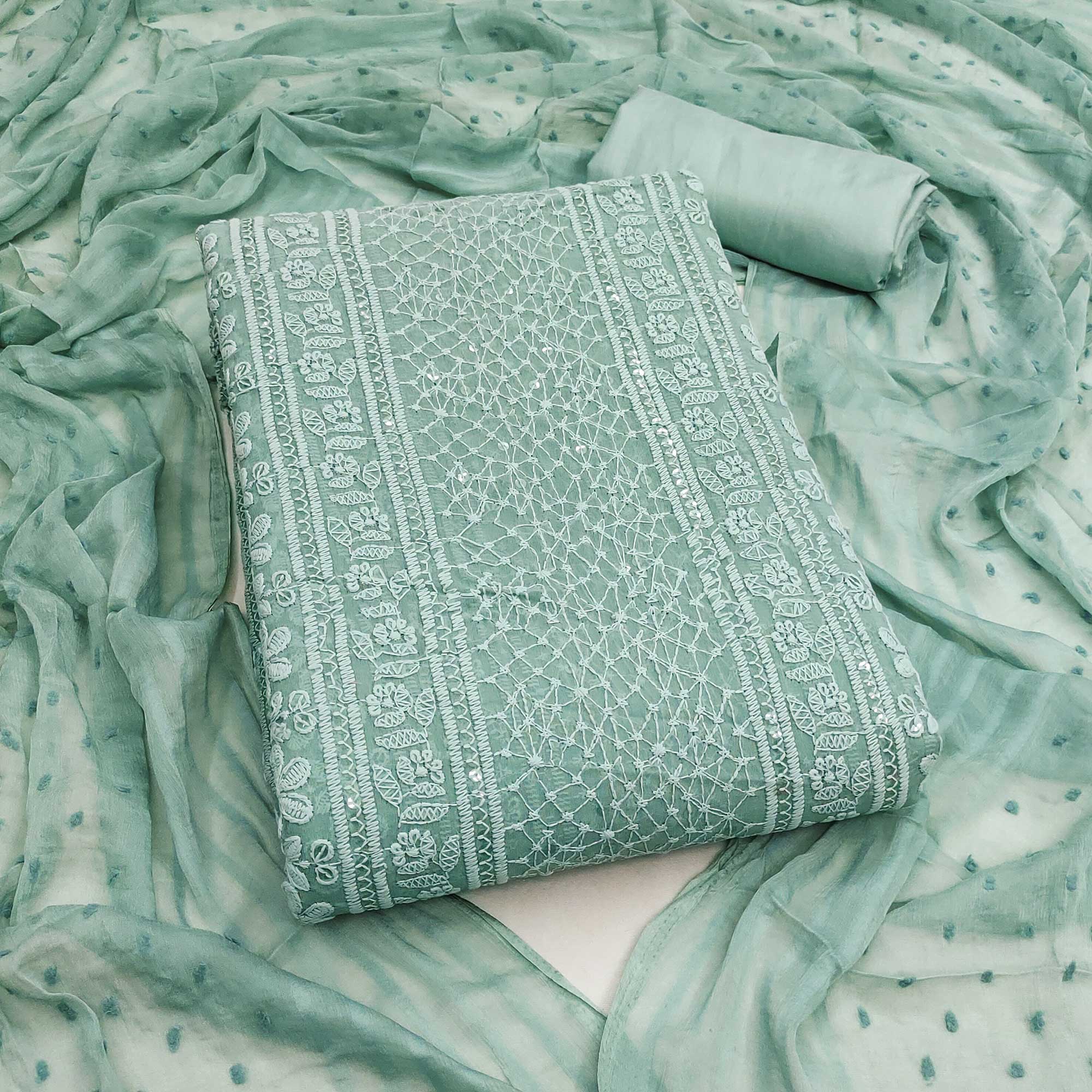 Elegant Dusty Turquoise Floral Embroidered Georgette Dress Material With Delicate Sequins Accents