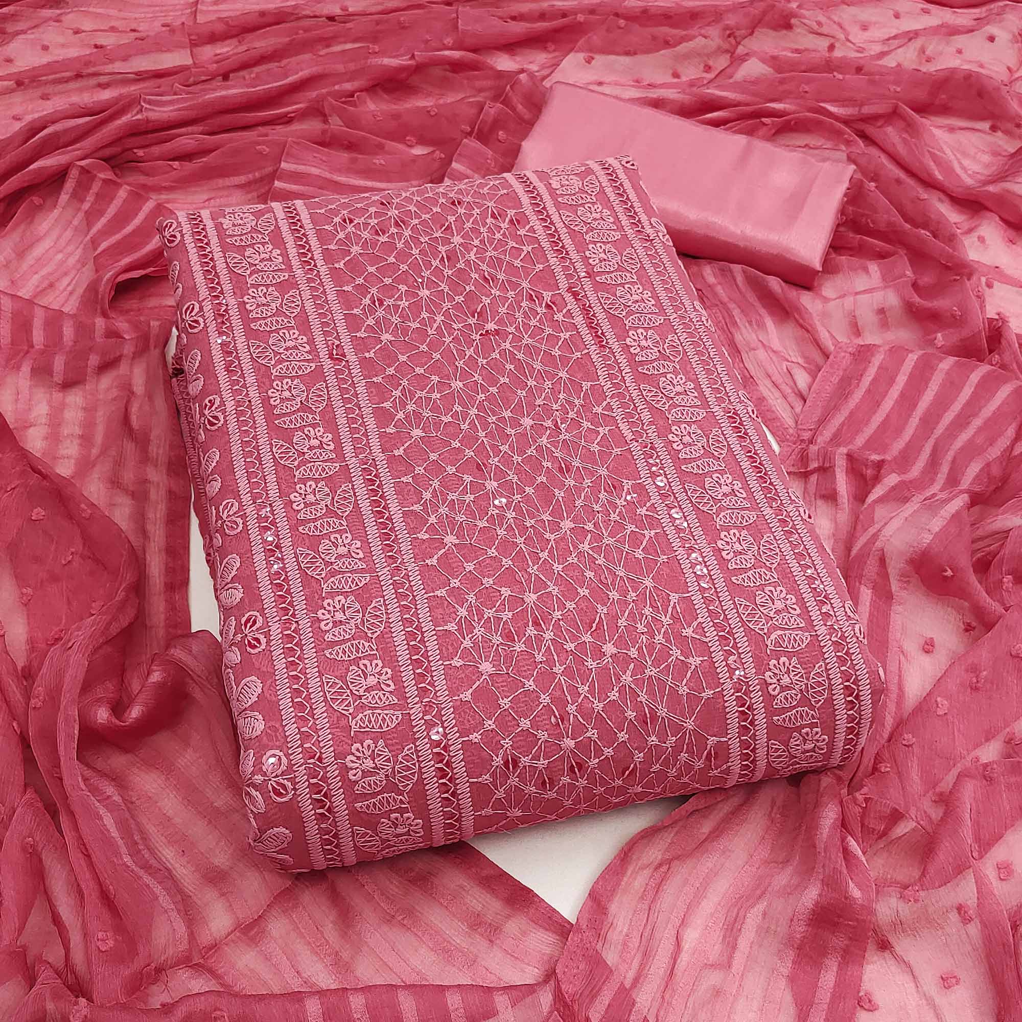 Elegant Gajari Pink Floral Embroidered Georgette Dress Material With Delicate Sequins Accents