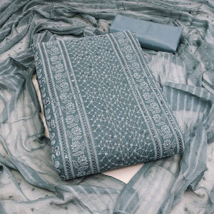 Elegant Grey Floral Embroidered Georgette Dress Material With Delicate Sequins Accents