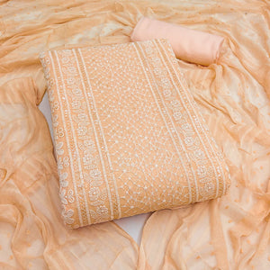 Elegant Light Peach Floral Embroidered Georgette Dress Material With Delicate Sequins Accents