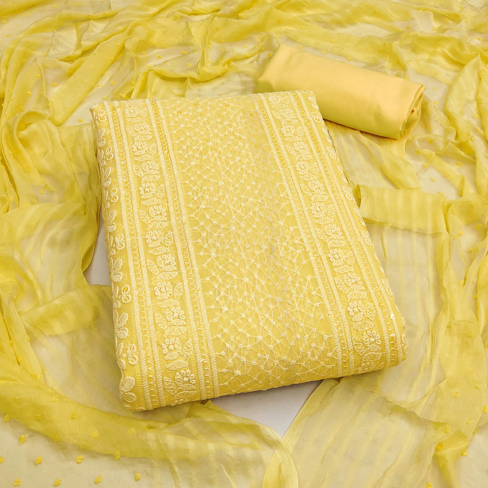 Elegant Yellow Floral Embroidered Georgette Dress Material With Delicate Sequins Accents