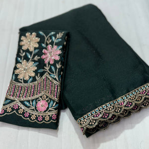 Bottle Green Solid Georgette Saree With Embroidered Blouse Piece And Embroidered Border