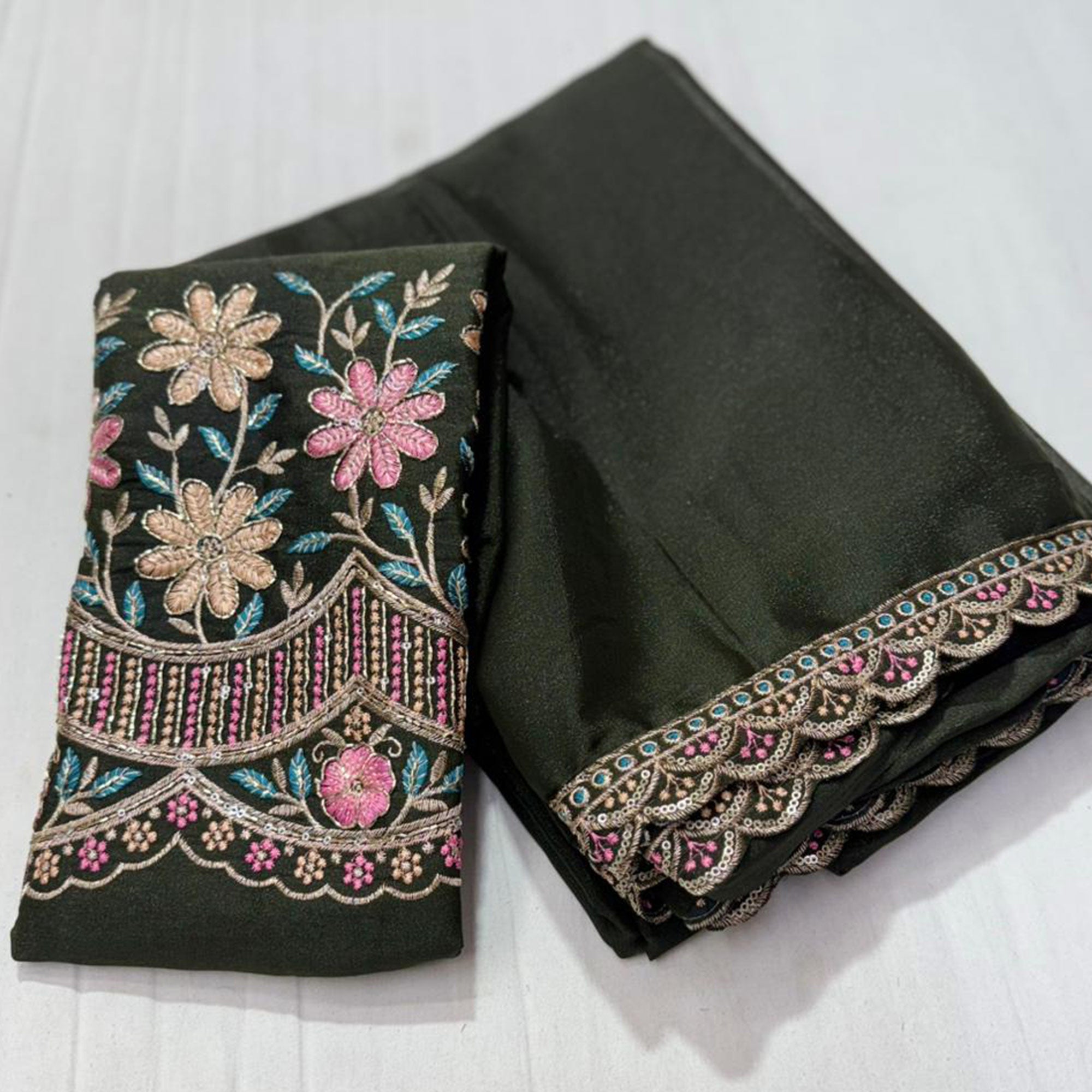 Mehendi Green Solid Georgette Saree With Embroidered Blouse Piece And Embroidered Border