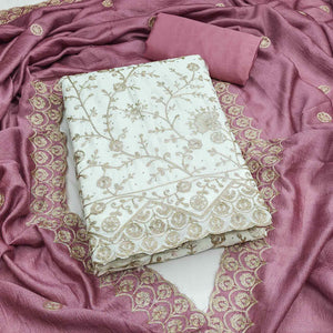 Off White Pink Thread Motifs Vichitra Silk Unstitched Salwar Material