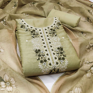 Elegant Green Floral Thread Embroidered Art Silk Dress Material Adorned With Shimmering Sequins