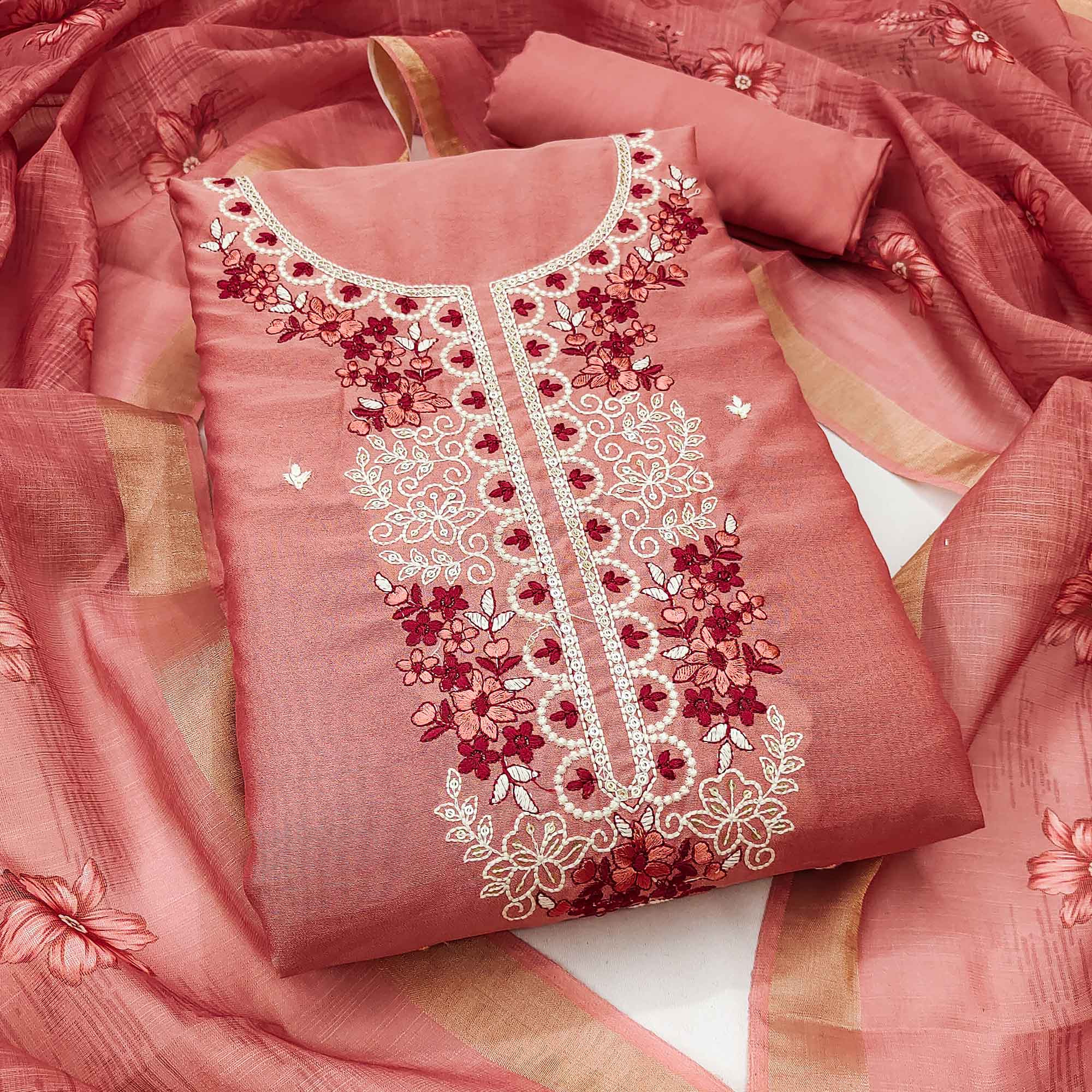 Elegant Peach Floral Thread Embroidered Art Silk Dress Material Adorned With Shimmering Sequins