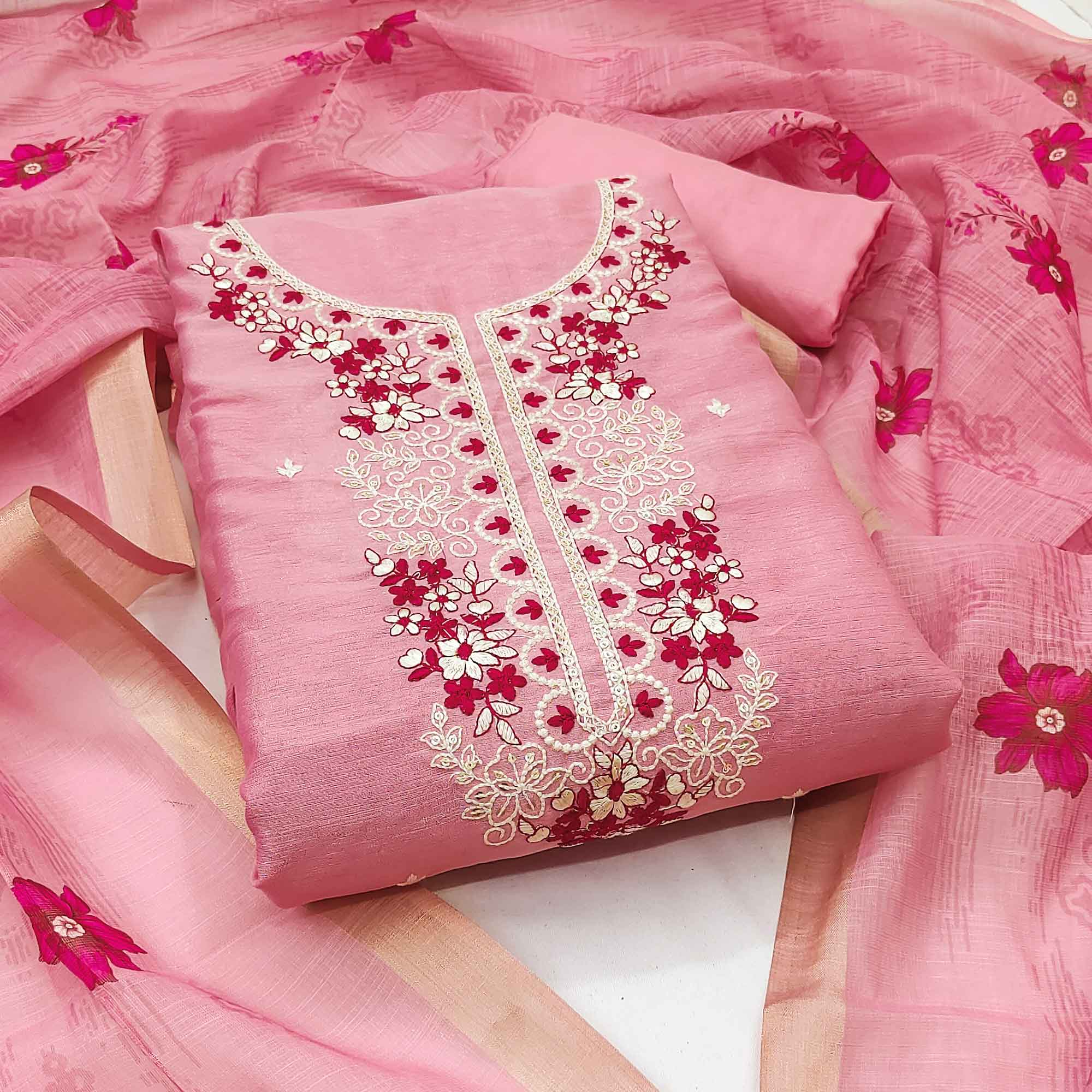 Elegant Pink Floral Thread Embroidered Art Silk Dress Material Adorned With Shimmering Sequins