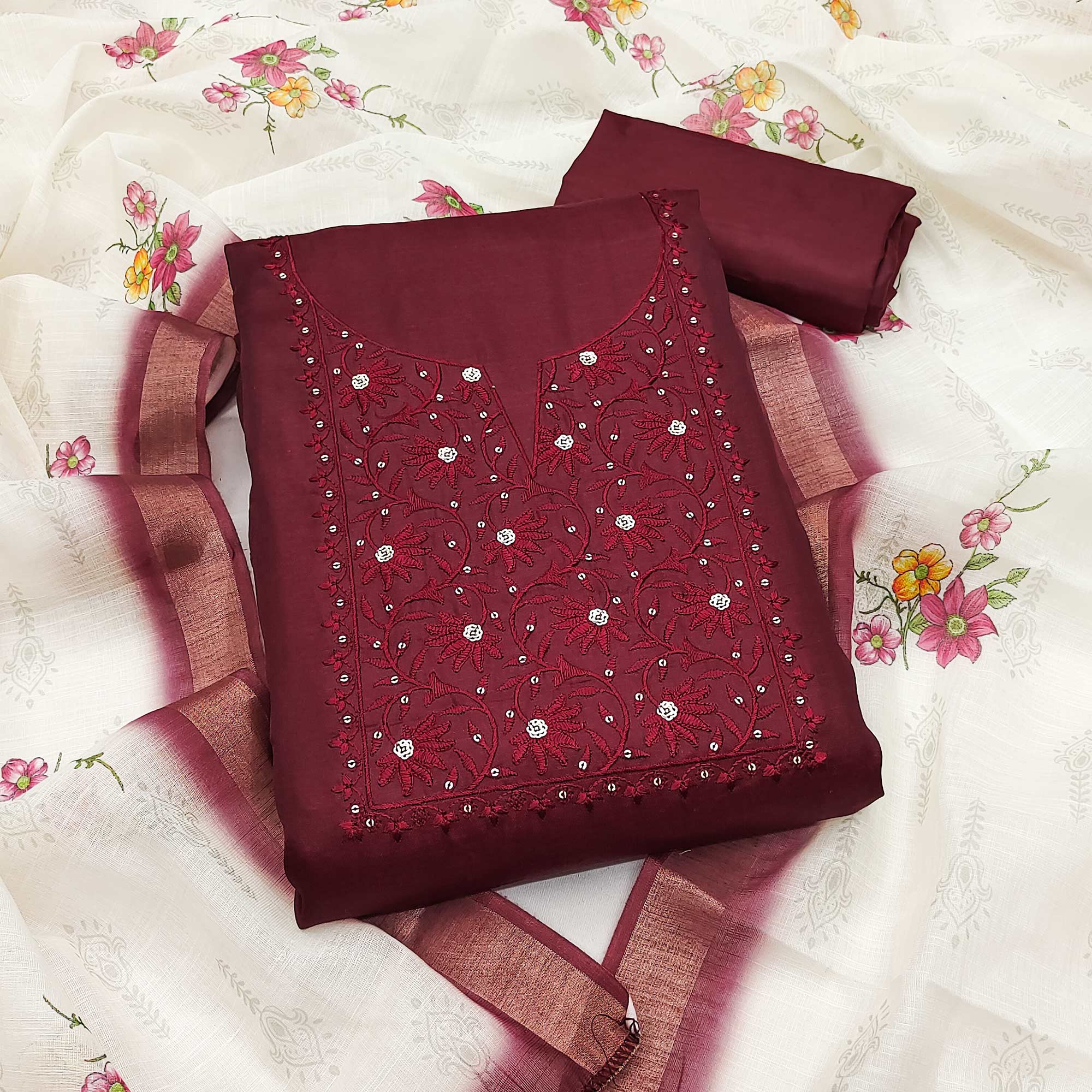 Elegant Maroon Floral Thread Embroidered Tussar Silk Dress Material Adorned with Sequins Work