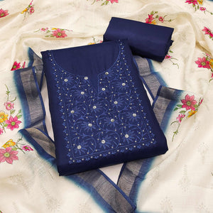 Elegant Navy Blue Floral Thread Embroidered Tussar Silk Dress Material Adorned with Sequins Work