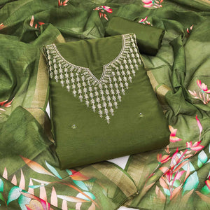 Festive Green Floral Embroidered Art Silk Dress Material with Fine Thread Work