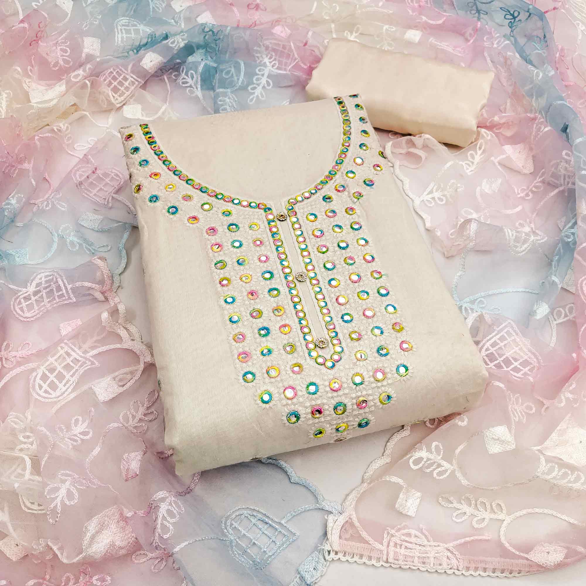 Off White Designer Chanderi Dress Material with Intricate Thread Embroidery Detailing