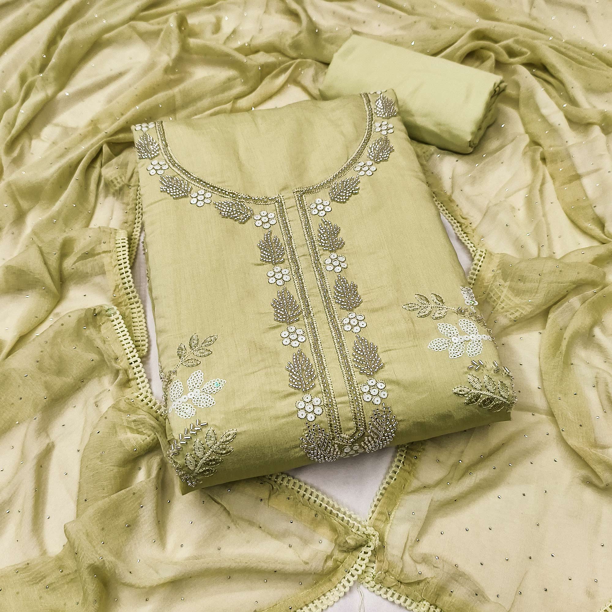 Light Green Floral Embroidered Viscose Suit Fabric with Exquisite Beads Work