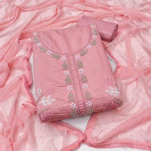 Peach Floral Embroidered Viscose Suit Fabric with Exquisite Beads Work