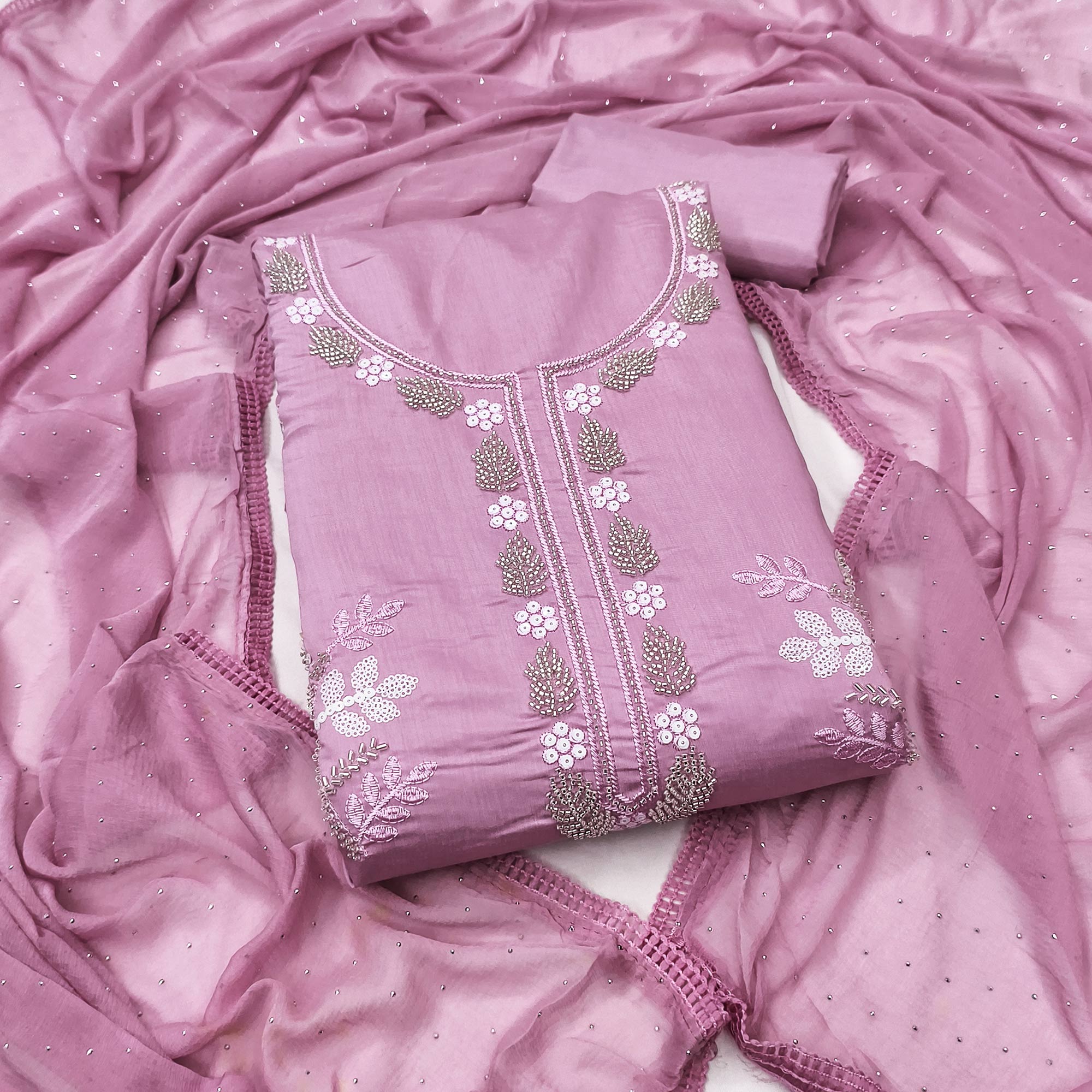 Pink Floral Embroidered Viscose Suit Fabric with Exquisite Beads Work