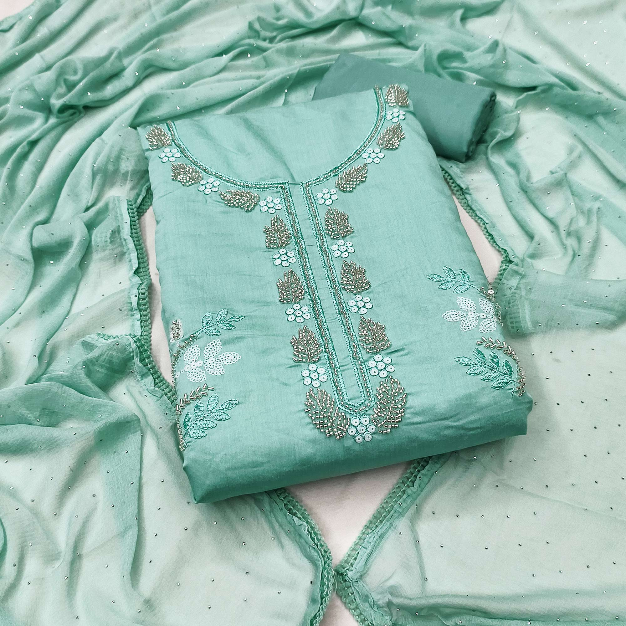 Turquoise Floral Embroidered Viscose Suit Fabric with Exquisite Beads Work