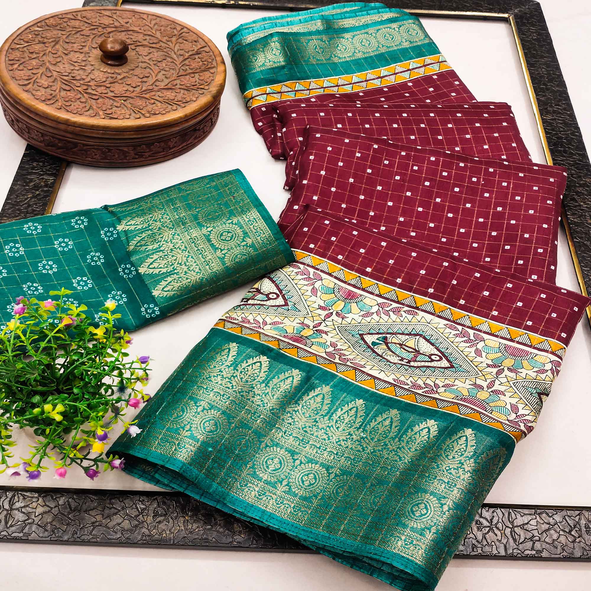 Maroon Madhubani Work Woven Dola Silk Saree