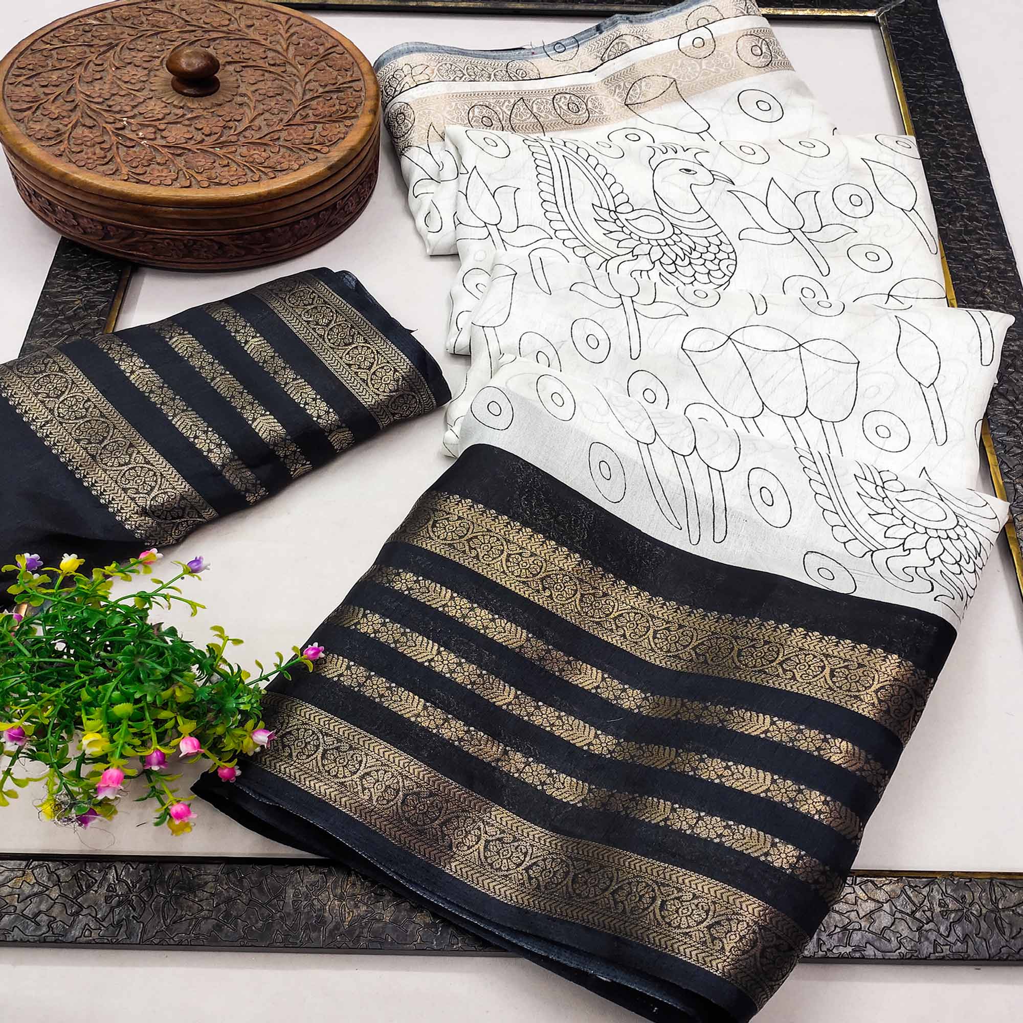 Off White & Black Dola Silk Saree with Tradional Prints and Zari Weaving Border