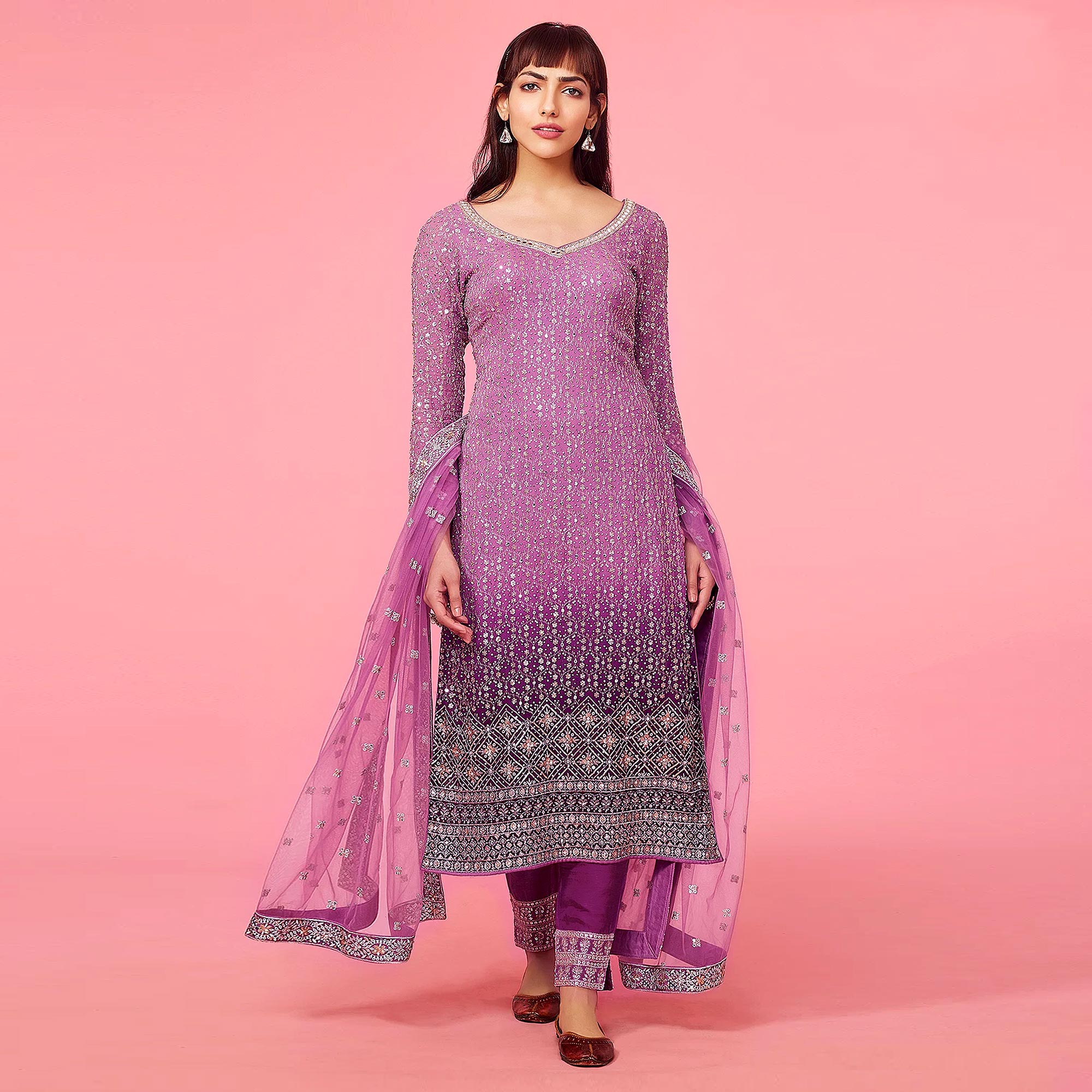 Purple Sequins Embroidered Georgette Semi Stitched Suit