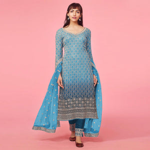 Sky Blue Sequins Embroidered Georgette Semi Stitched Suit